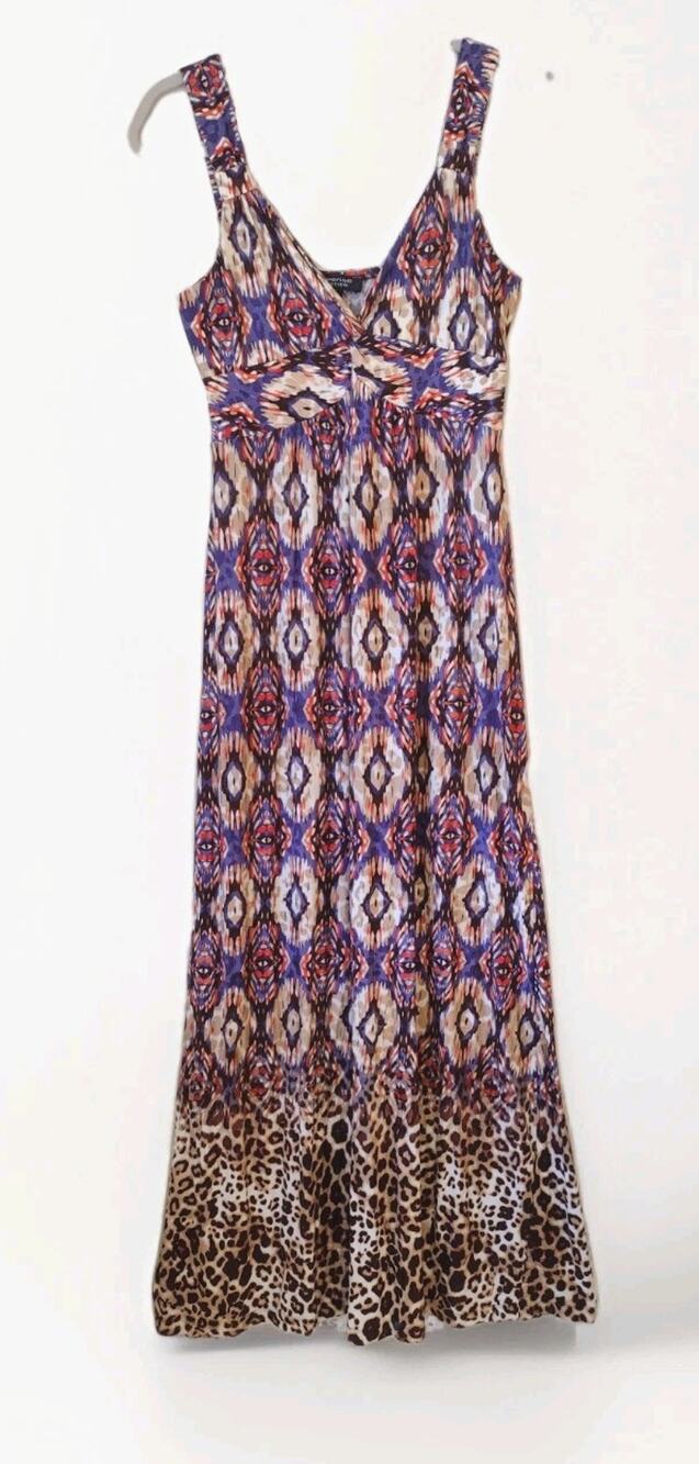 Spense Petite small Aztec Ikat Maxi Dress Leopard Hem Multicolor Sleeveless Boho